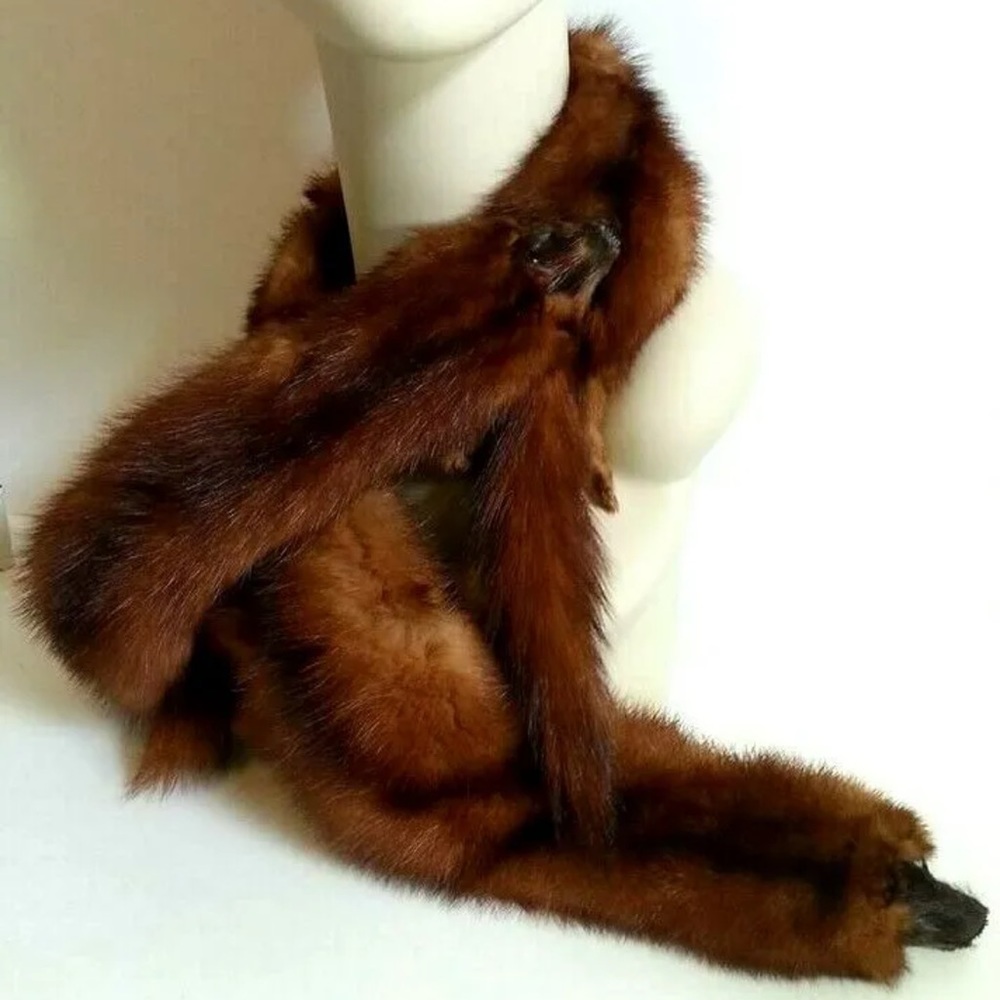 Genuine Vintage Mink Pelt Stole Three Full Body Real Fur Red/Brown Wrap Shawl